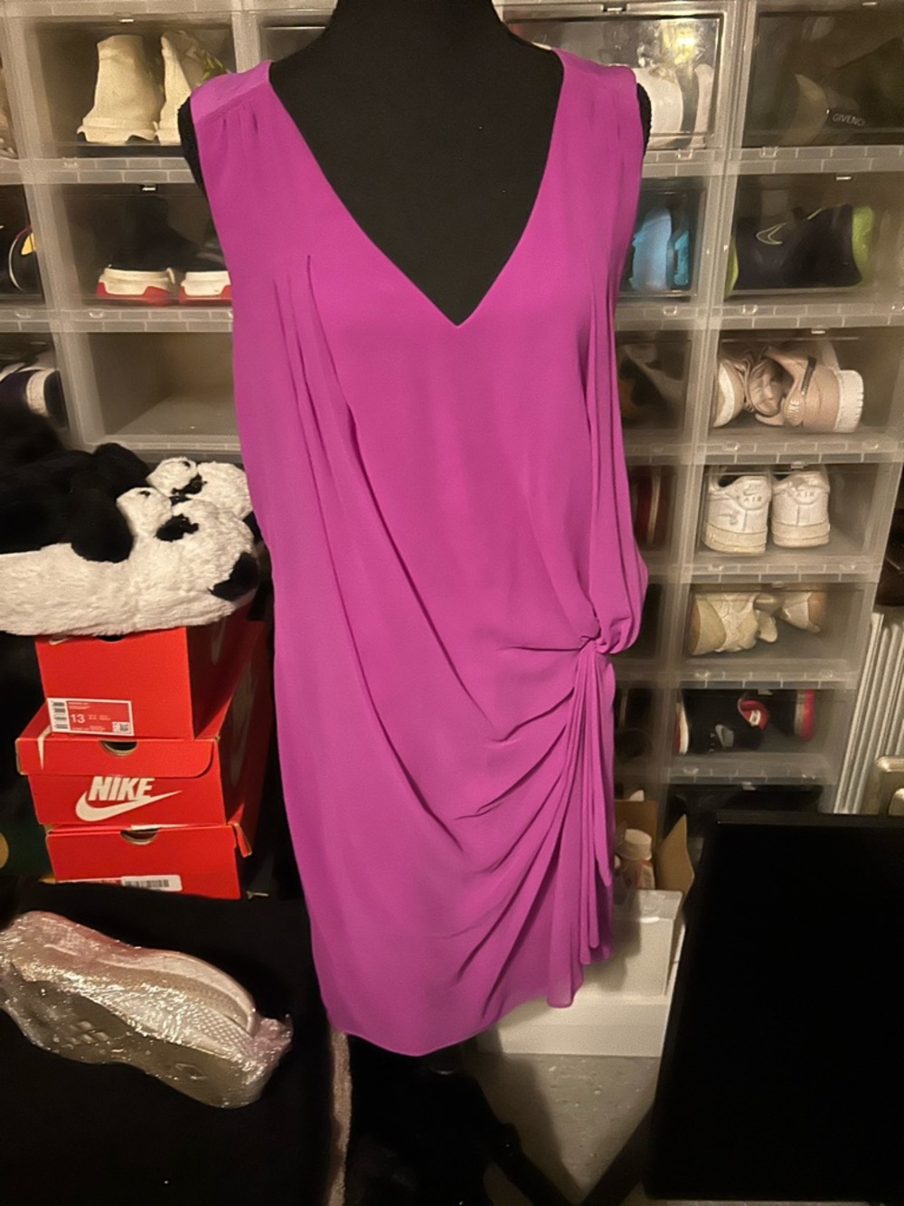 Vince Camuto Sleeveless V-Neck Side-Knot Dress in Magenta